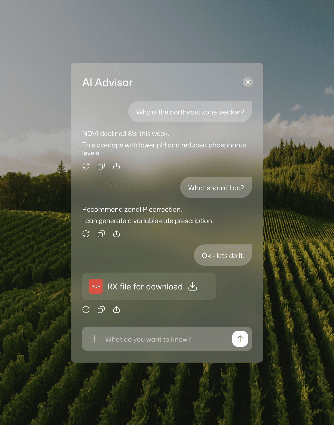 AI Advisor chat interface over vineyard