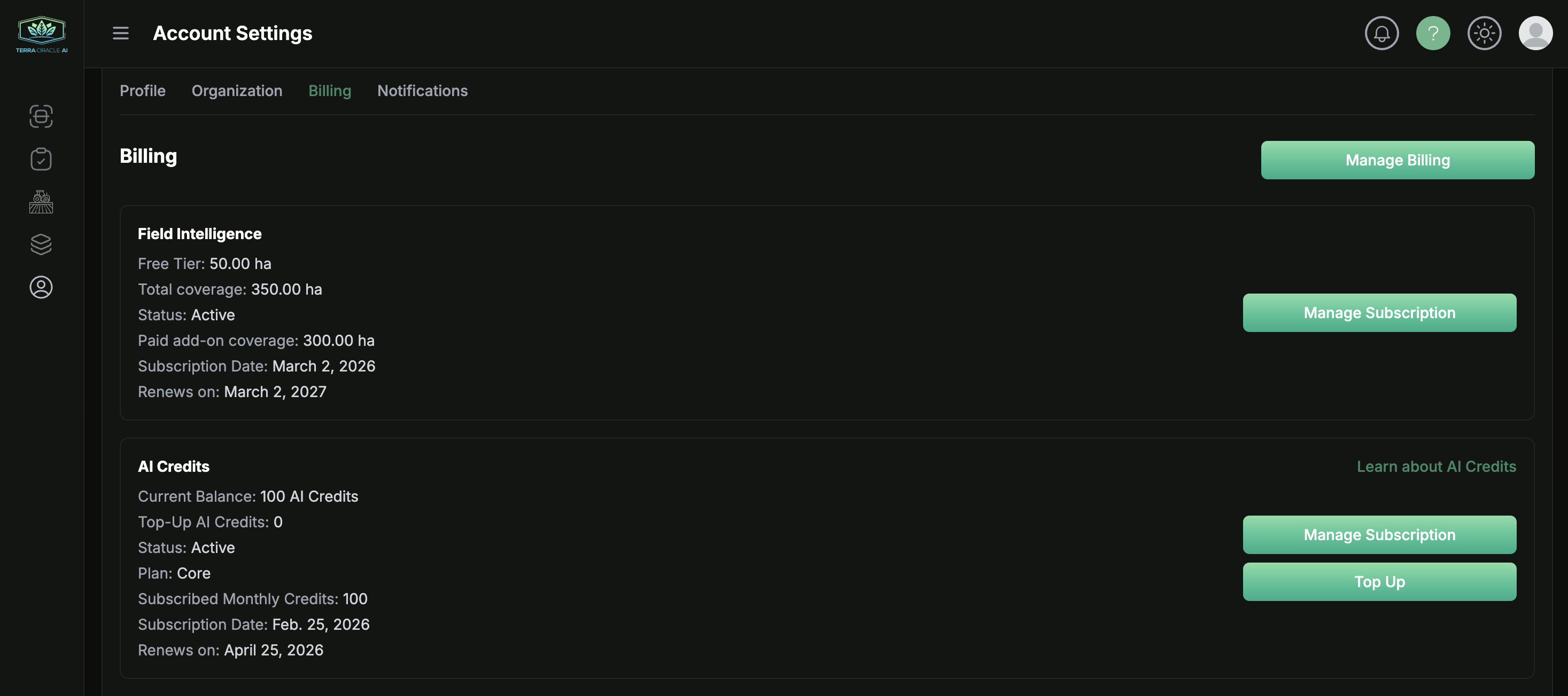 Billing tab showing Field Intelligence coverage and AI Credits
