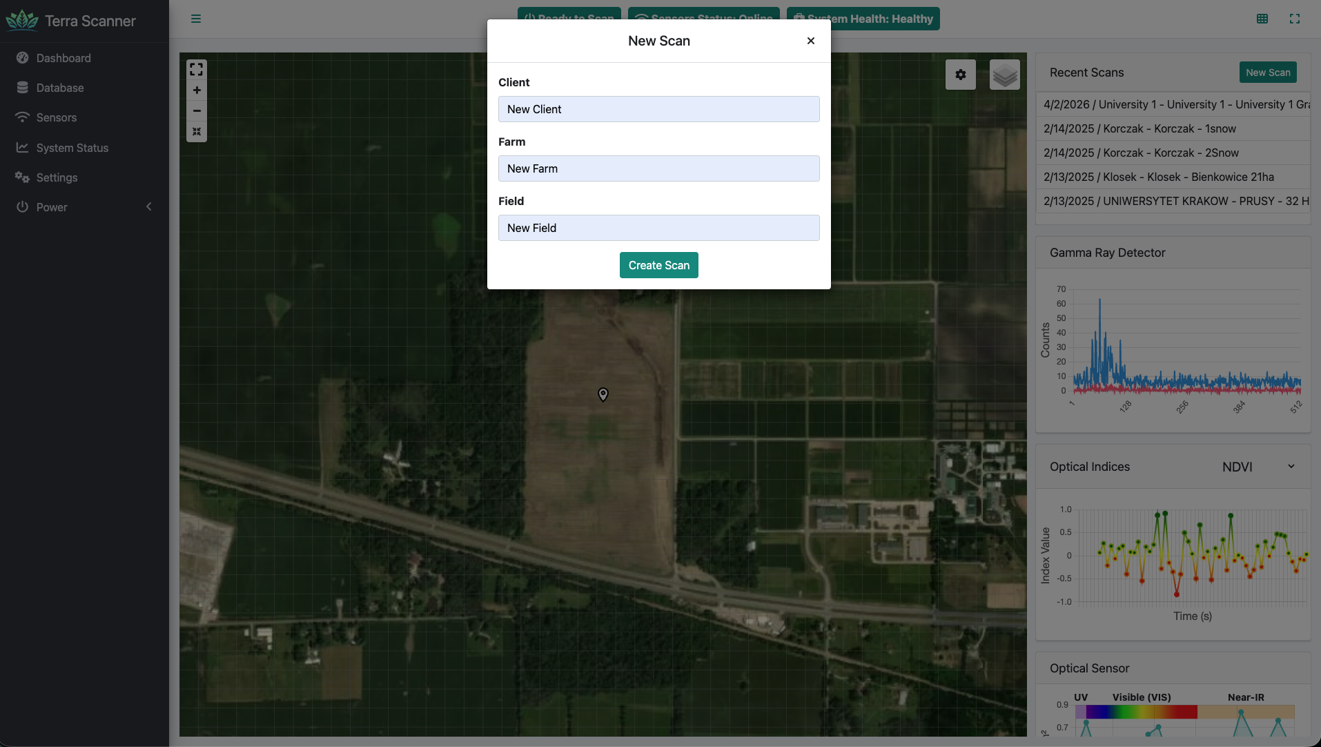 New Scan modal with Client, Farm, and Field inputs