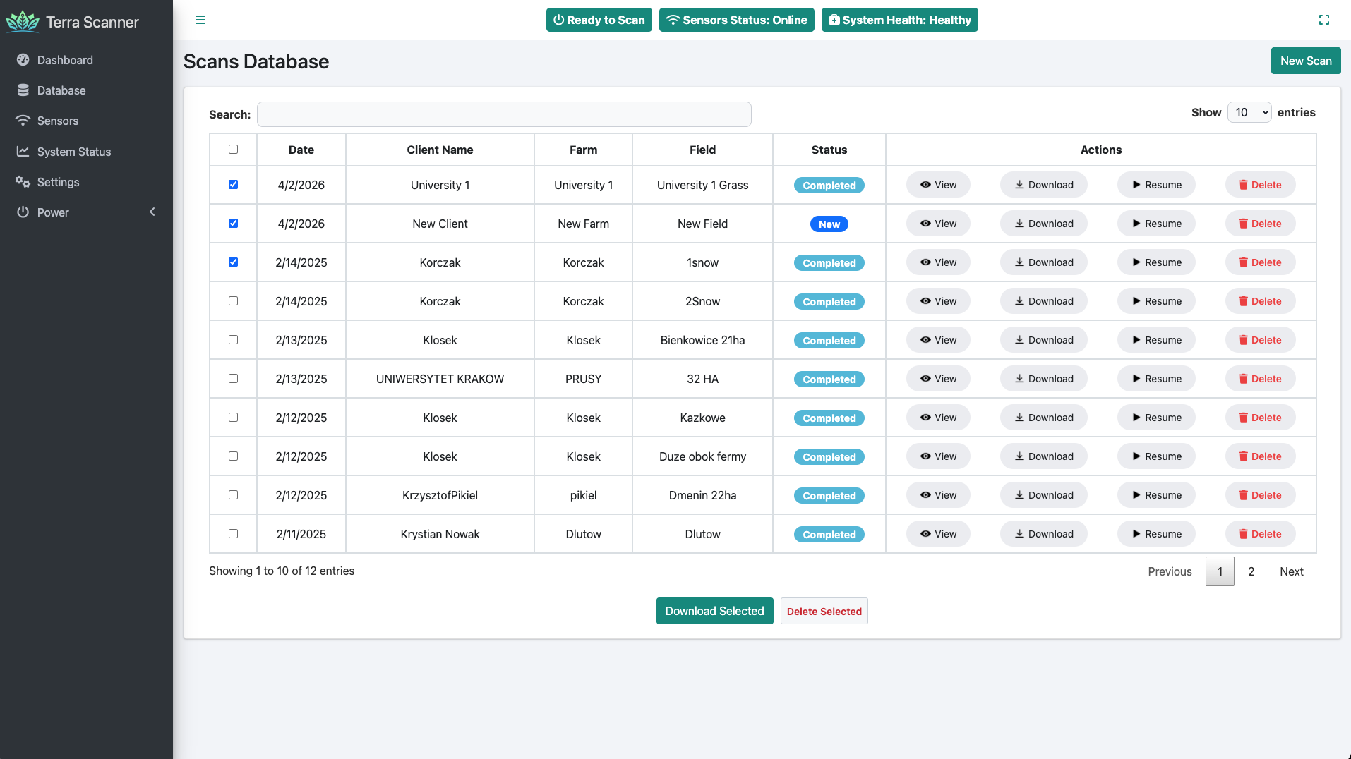 Database page with scan list and download actions