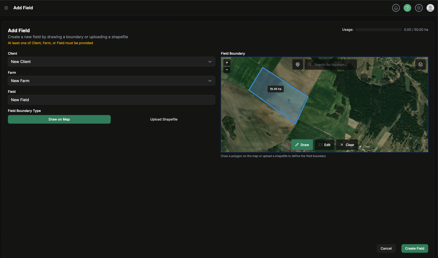 Draw-on-map field creation with boundary completed on the map