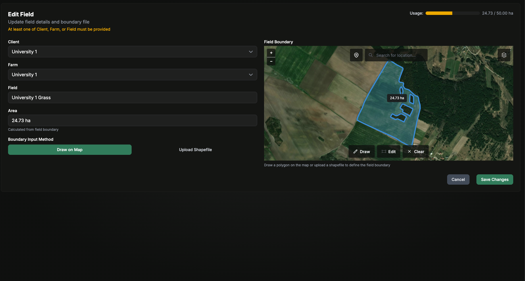 Edit field dialog for updating field details and boundaries