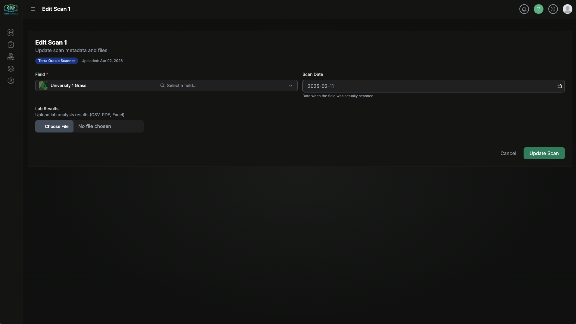 Edit scan dialog for updating scan metadata and files