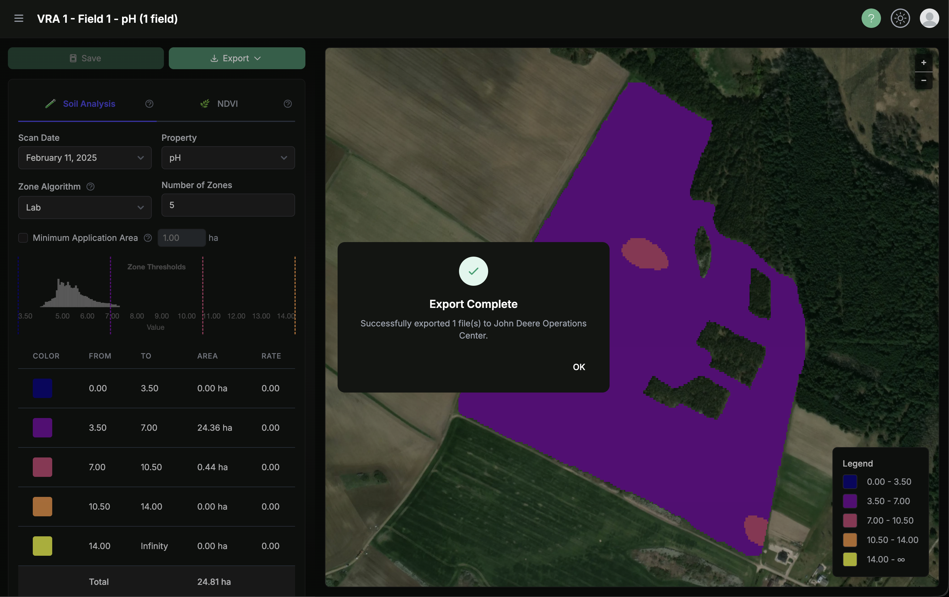 Export complete confirmation for John Deere Operations Center