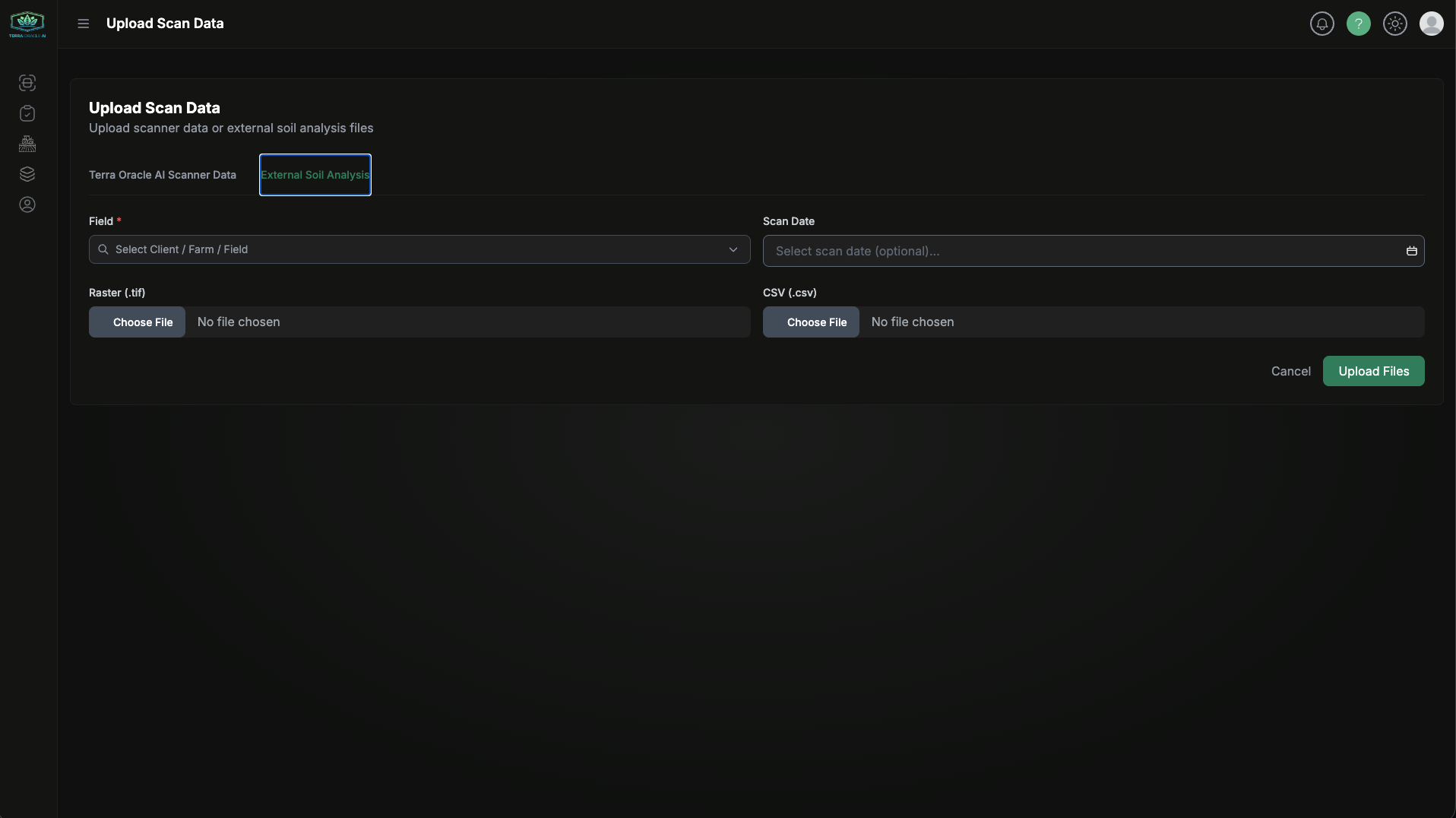 External soil analysis upload form with field, date, raster, and CSV inputs