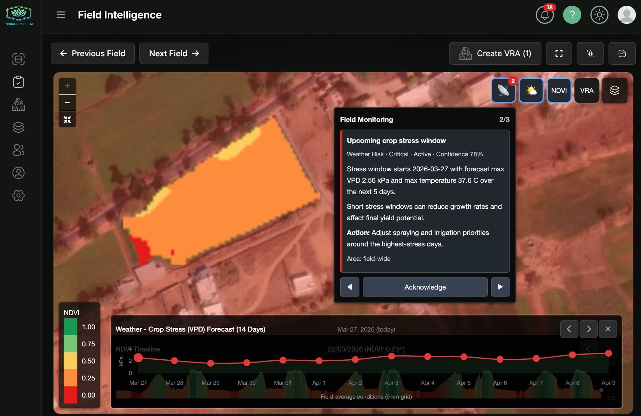 Field Intelligence with field monitoring alert and weather or stress context on the map