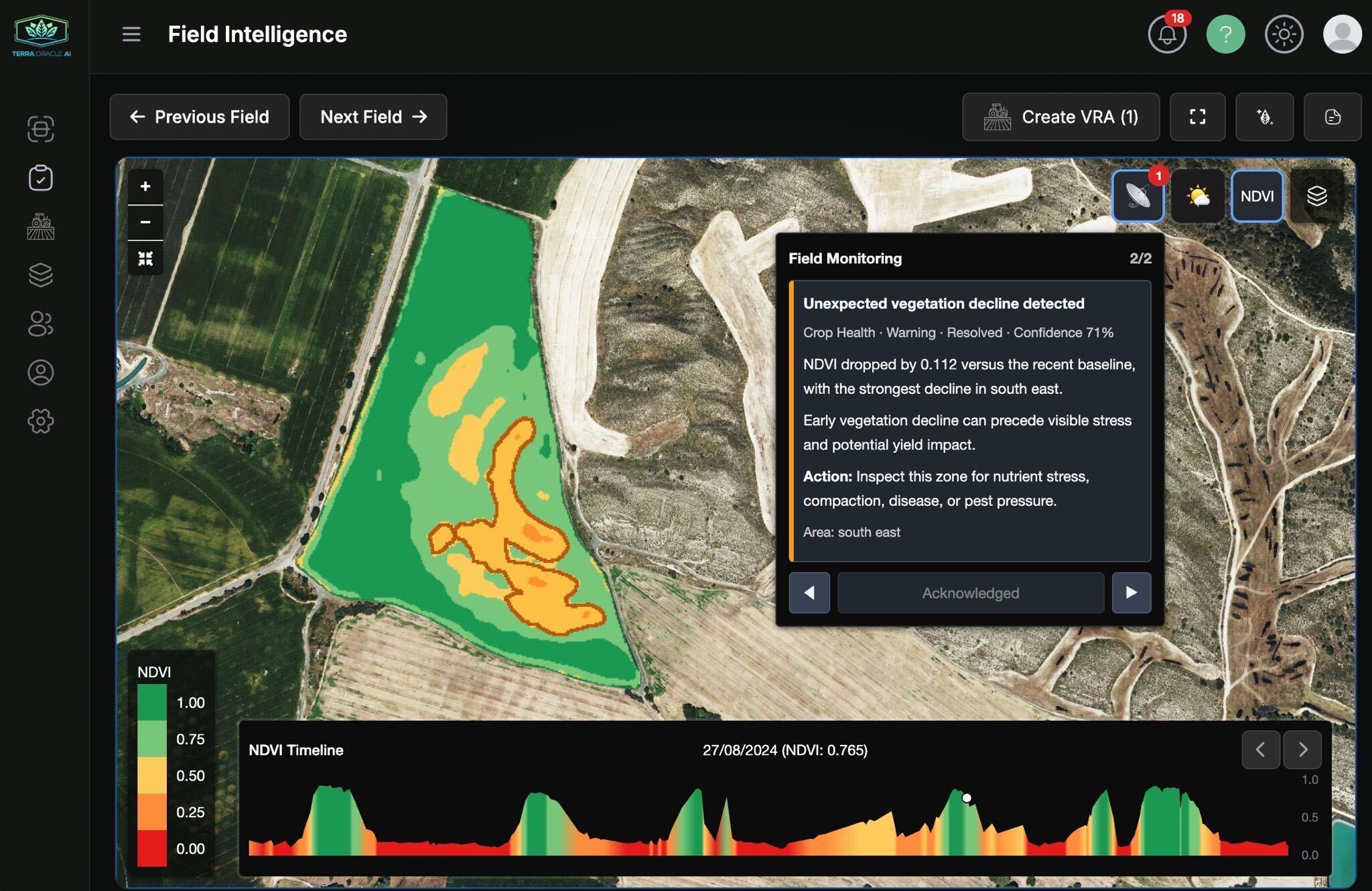 Field Intelligence with NDVI layer, NDVI timeline, and field monitoring crop health alert