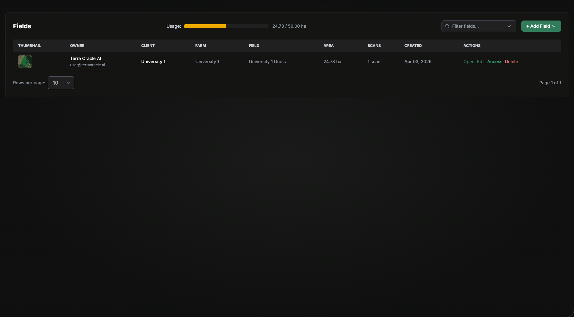 Fields page with field list and management actions
