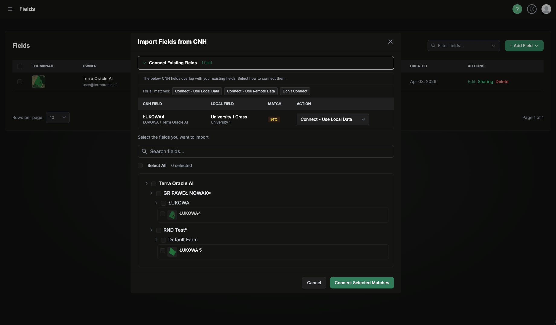 CNH import flow for adding fields from CNH platform