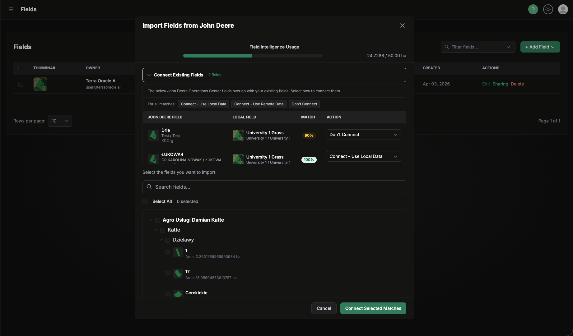 JD import flow for adding fields from John Deere Operations Center