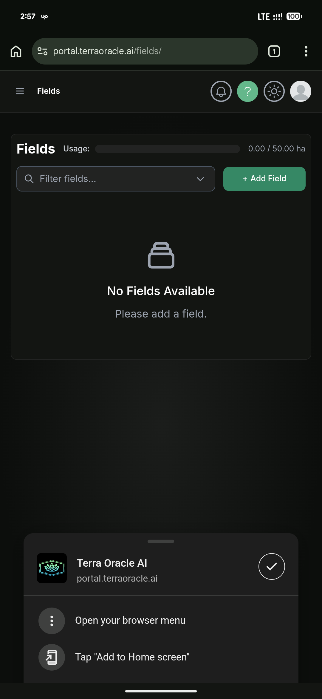 Mobile browser menu with Add to Home Screen for Terra Oracle AI