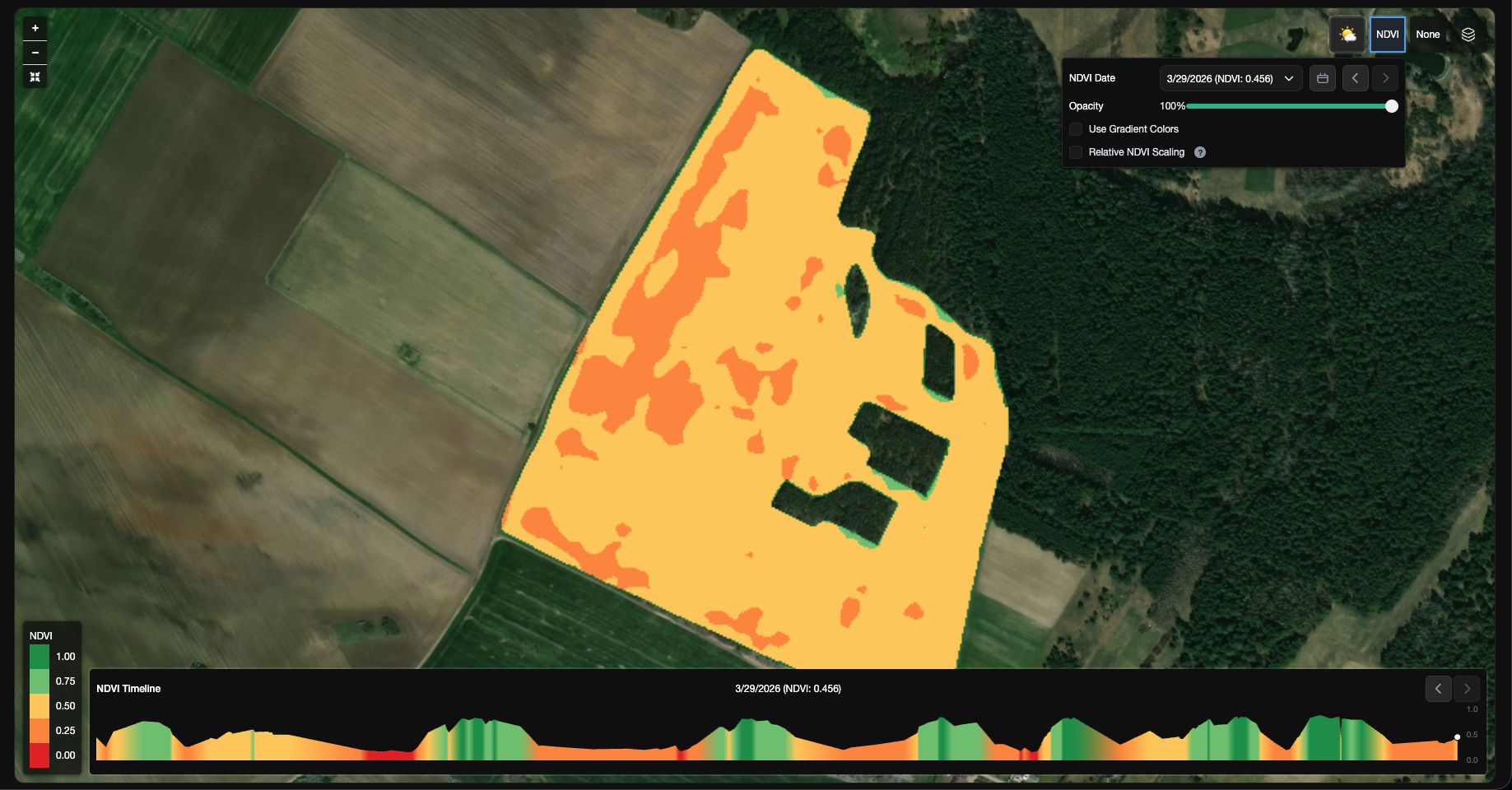 NDVI layer on the field map with date selector, legend, and NDVI timeline