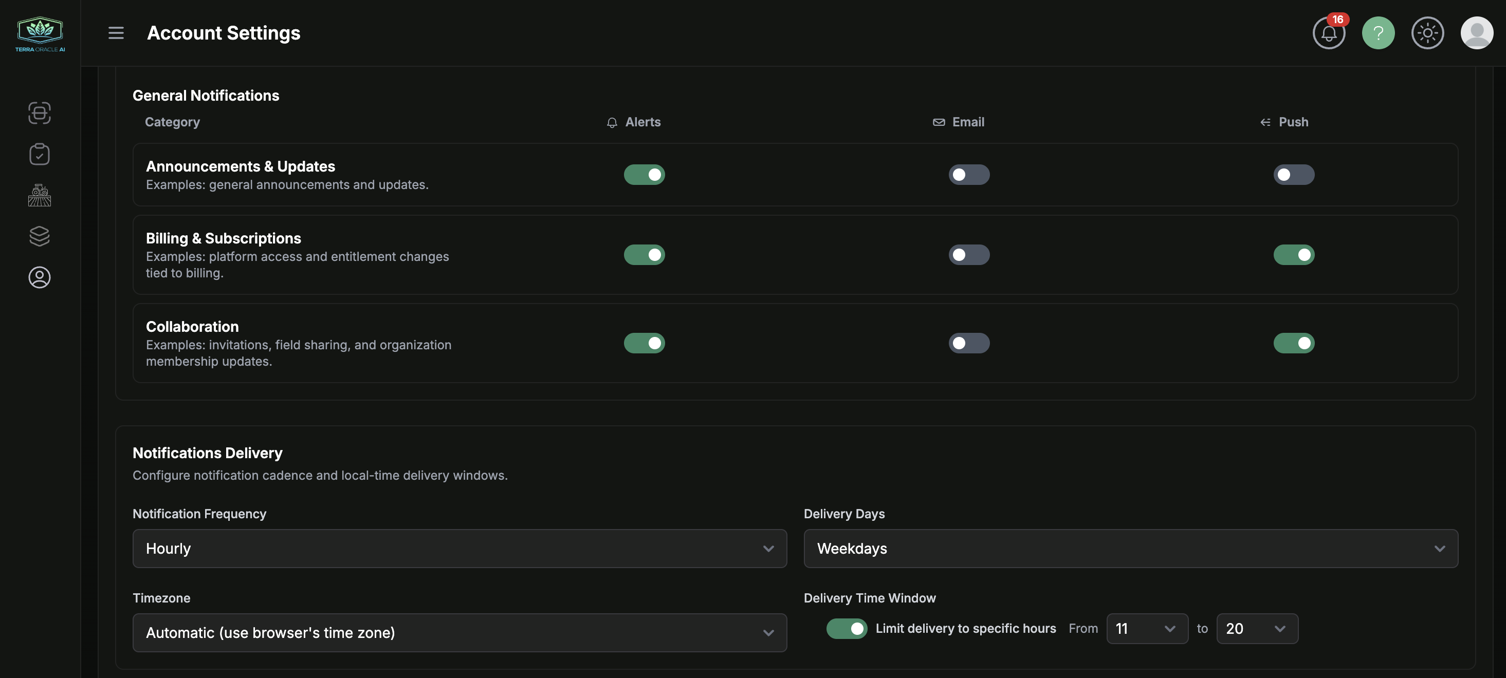 General notification categories with Alerts, Email, and Push toggles