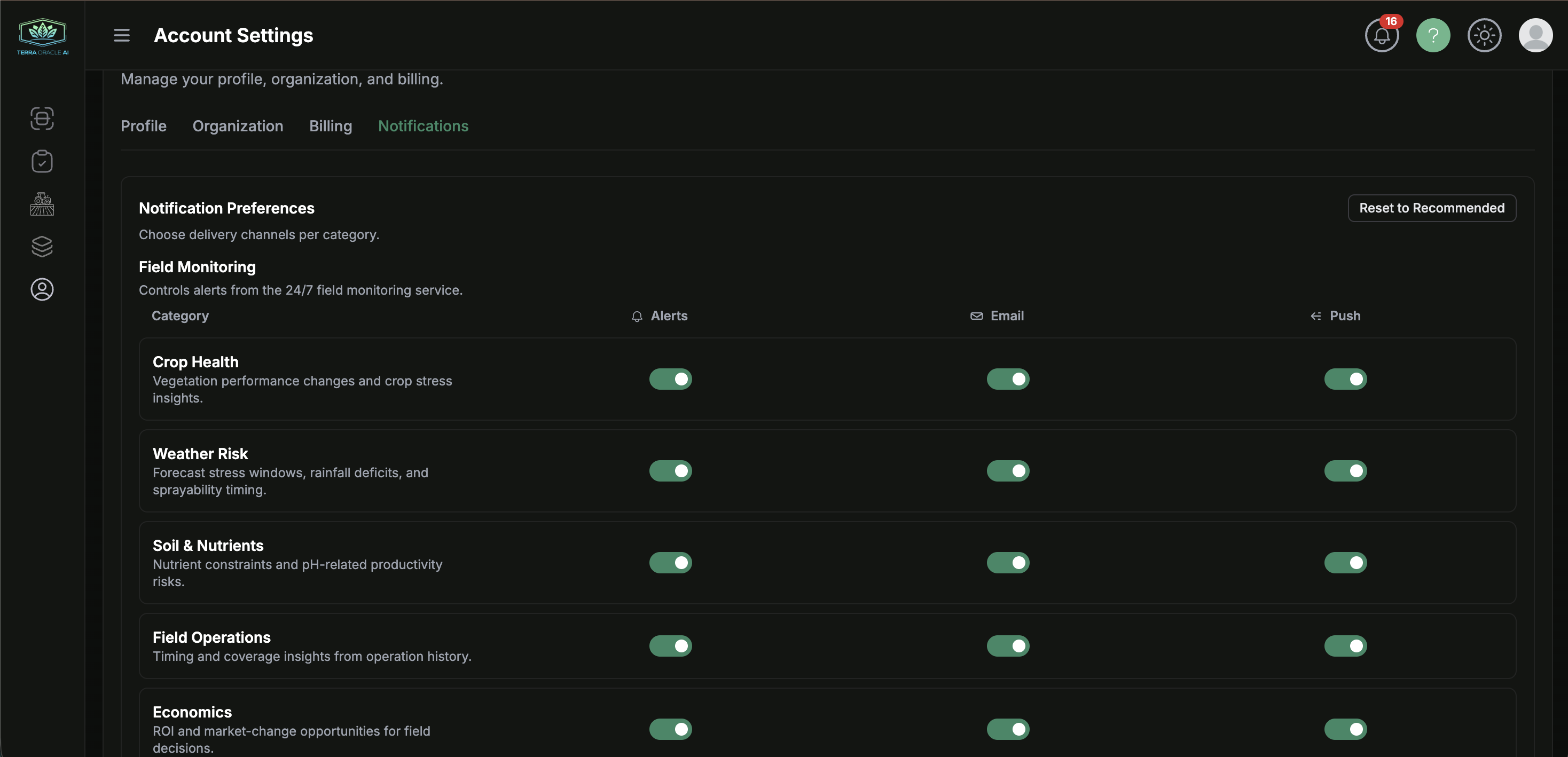 Field Monitoring notification categories with per-channel toggles