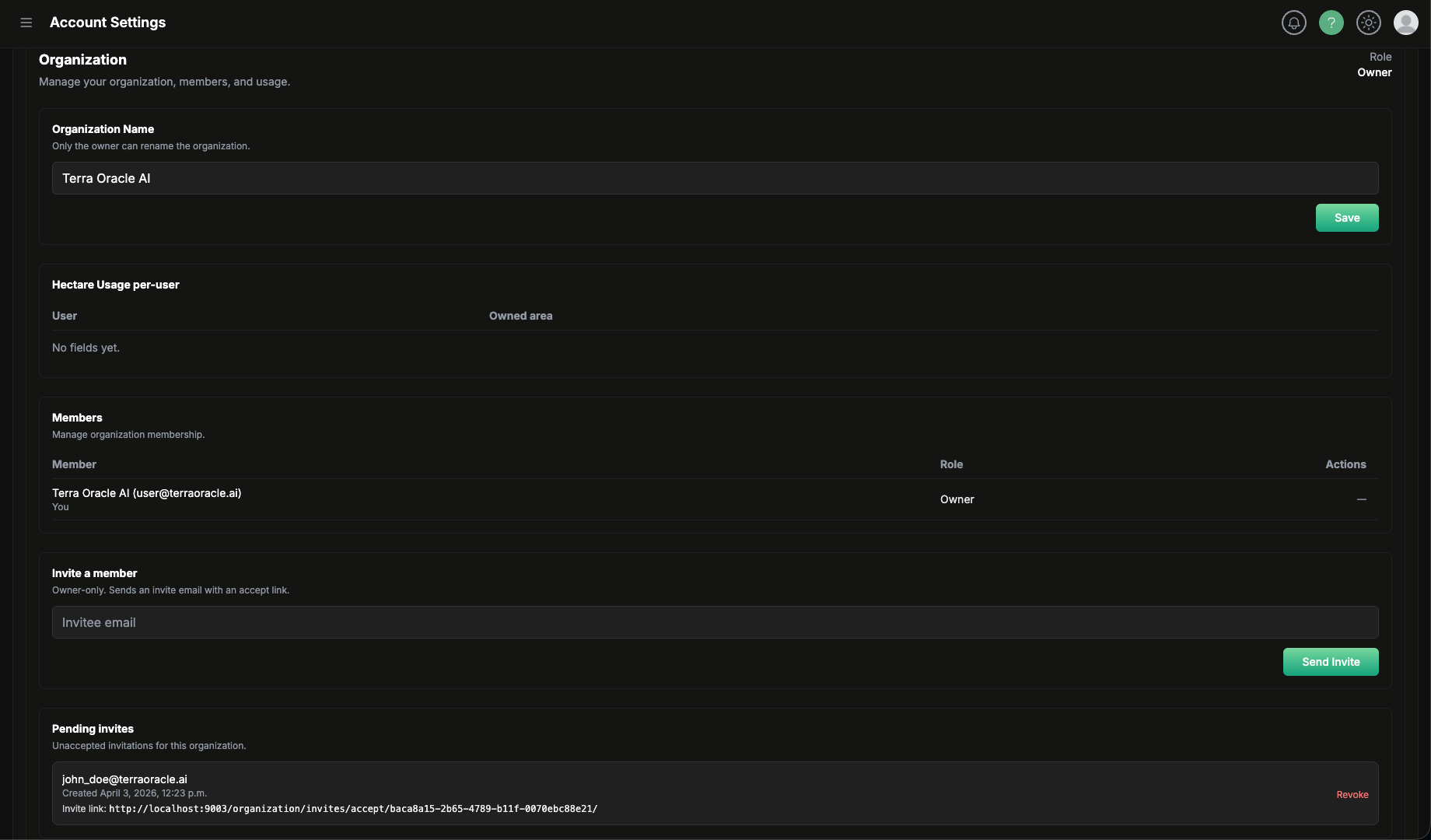 Organization tab with members, pending invites, and owner actions