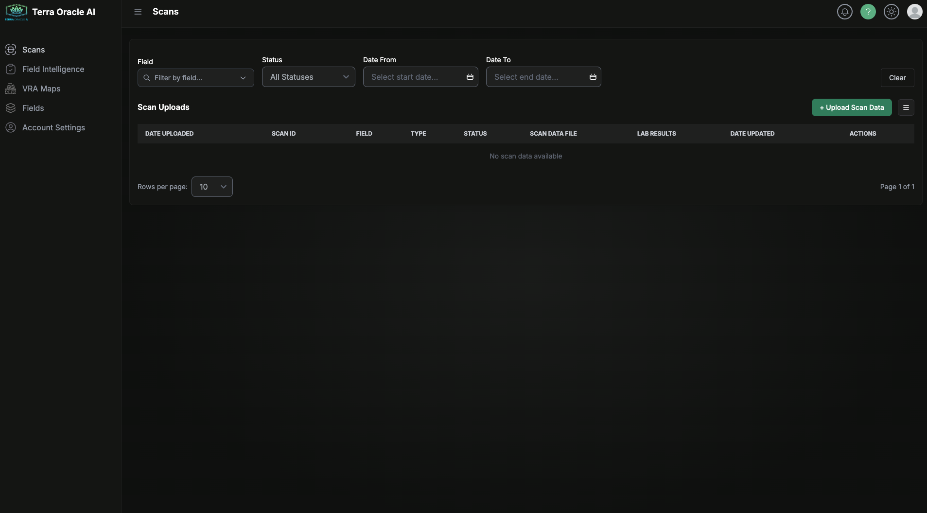 Upload Scan Data dialog in Terra Oracle AI Portal