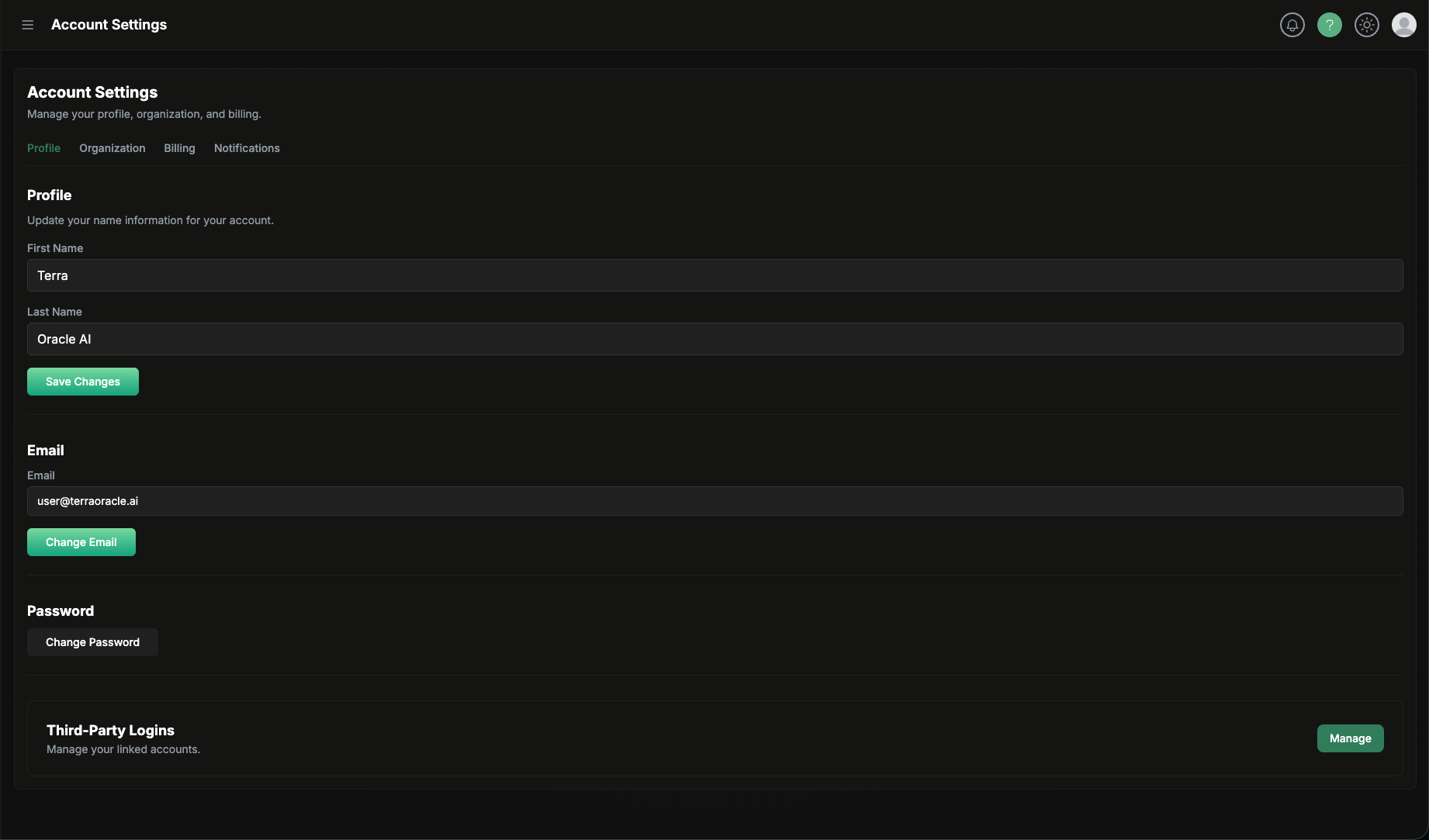 Account Settings page with profile, organization, and billing tabs
