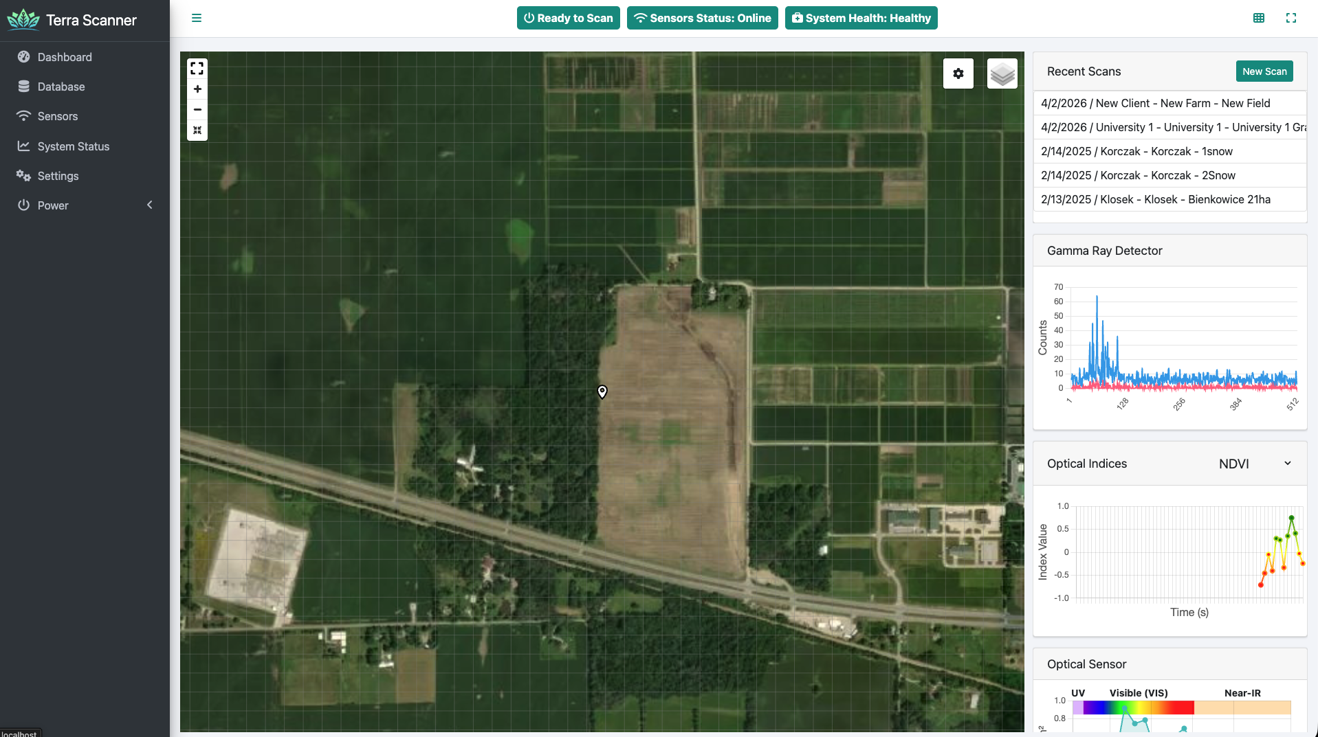 Scanner dashboard default view with map and sensor widgets