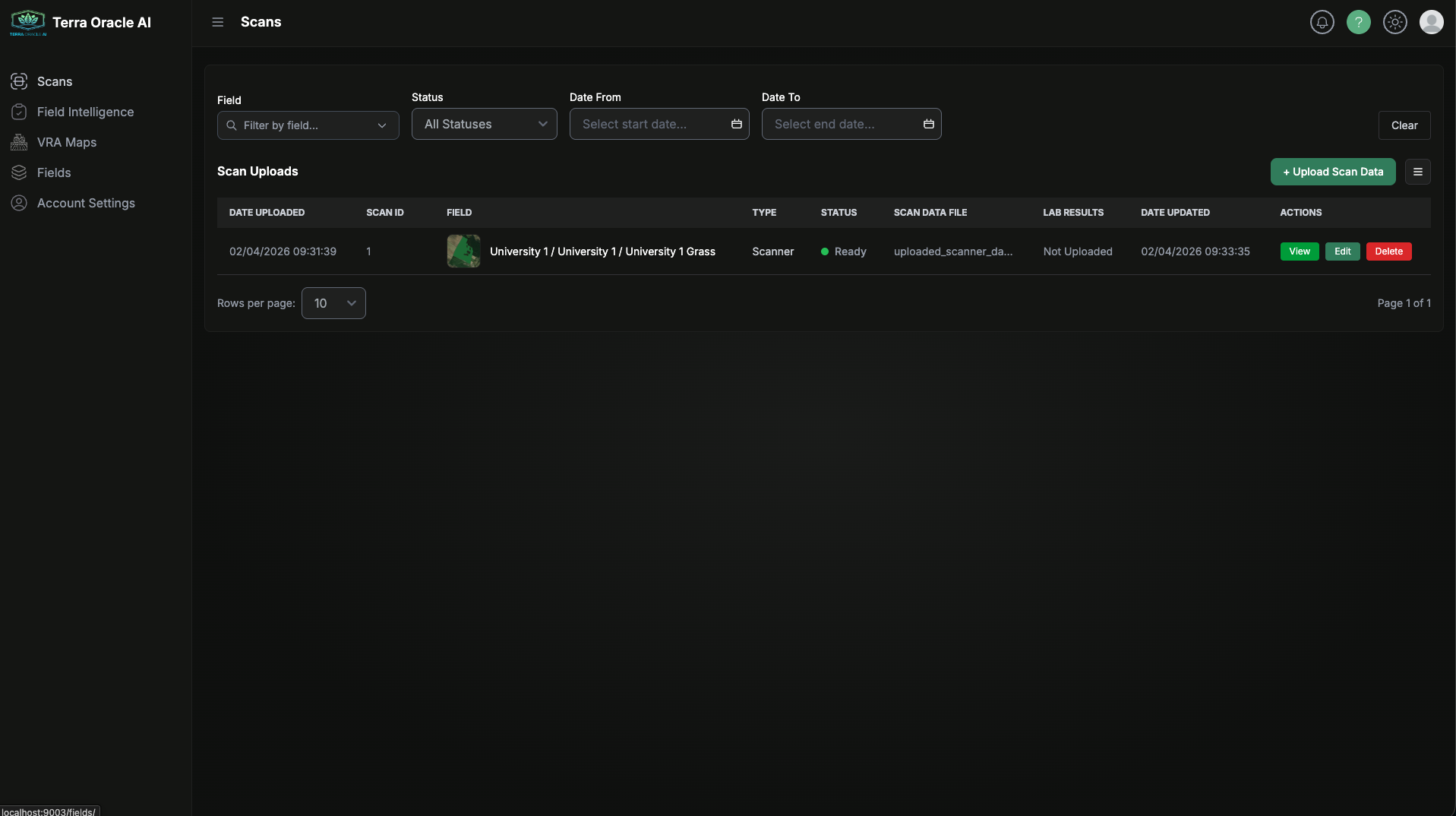 Scans page with table, filters, and actions