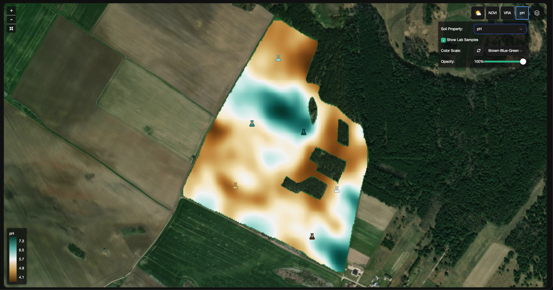Soil pH raster on the map with lab sample points and soil property settings