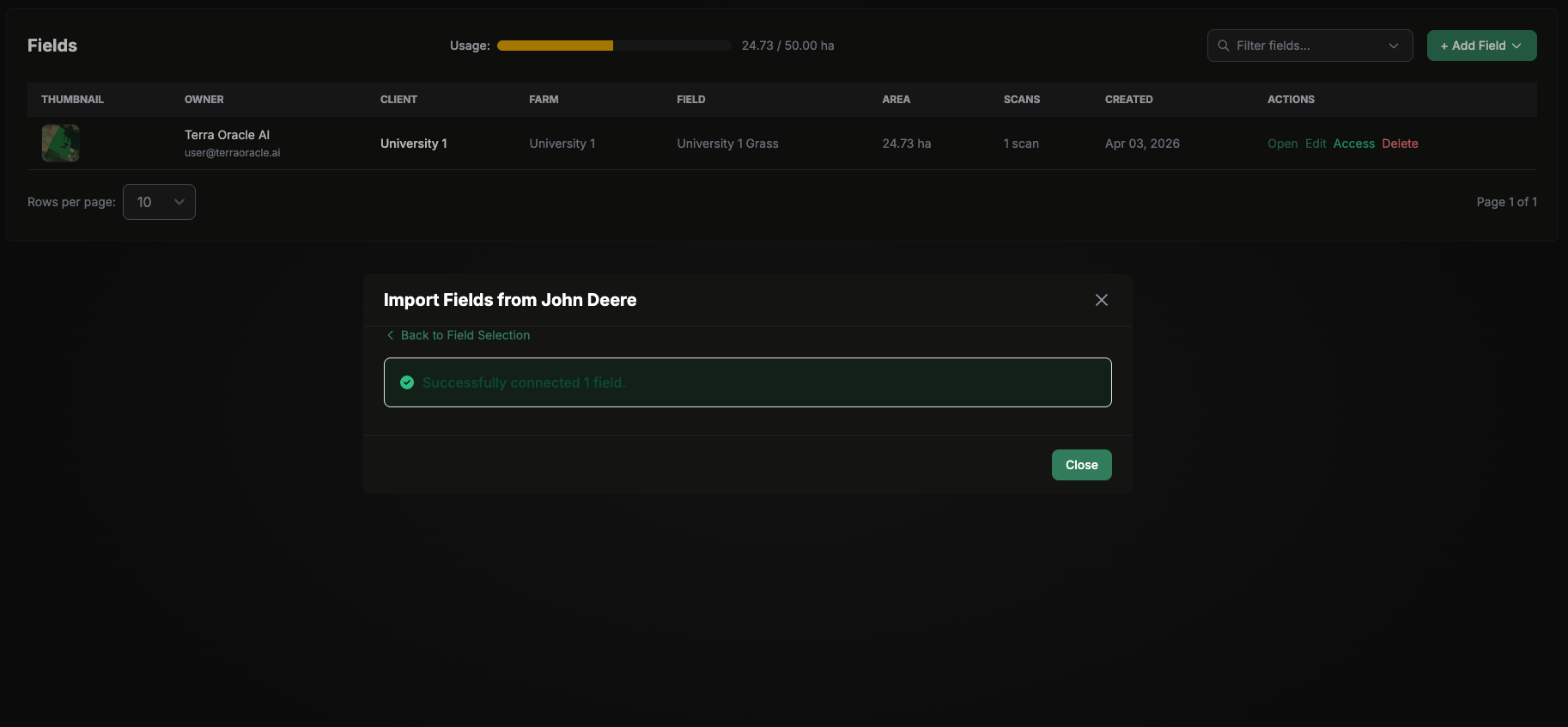 Fields page with successful John Deere import confirmation modal