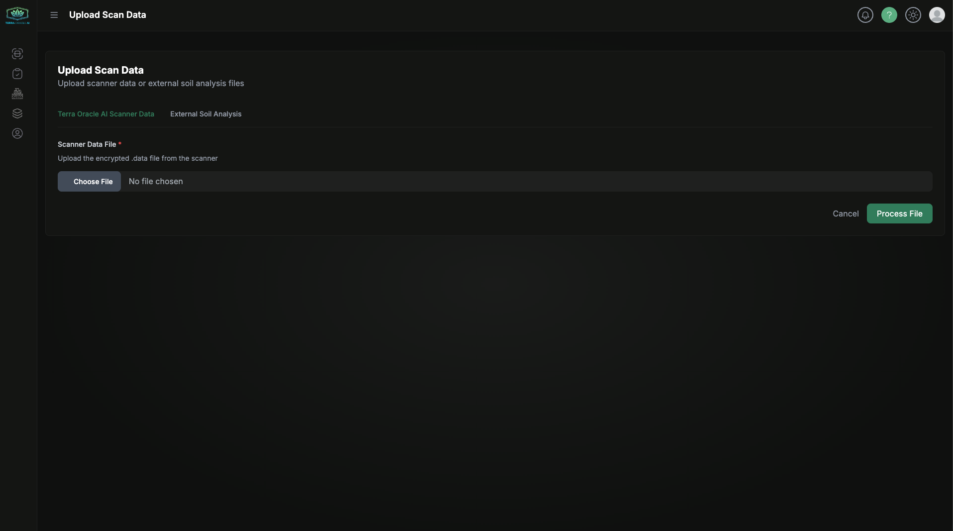 Terra Oracle AI Scanner upload form with data file input