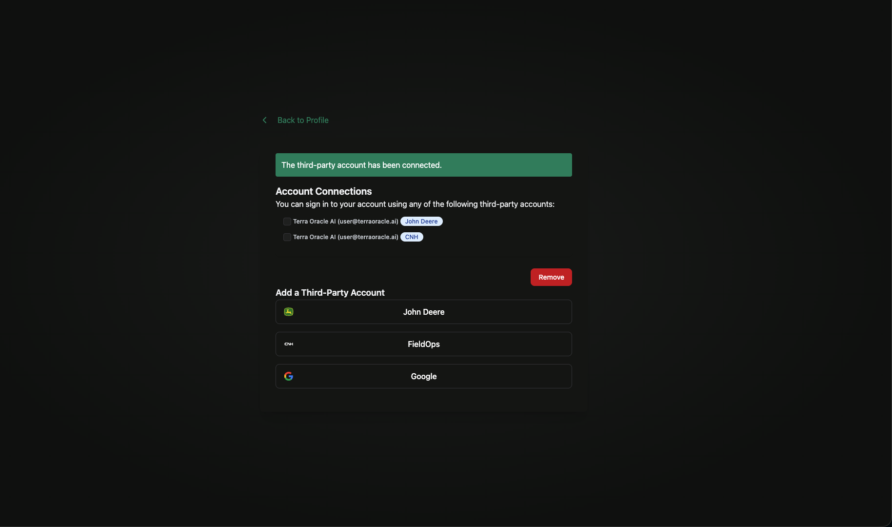 Third-Party Logins panel with connected providers such as Google, John Deere, and CNH