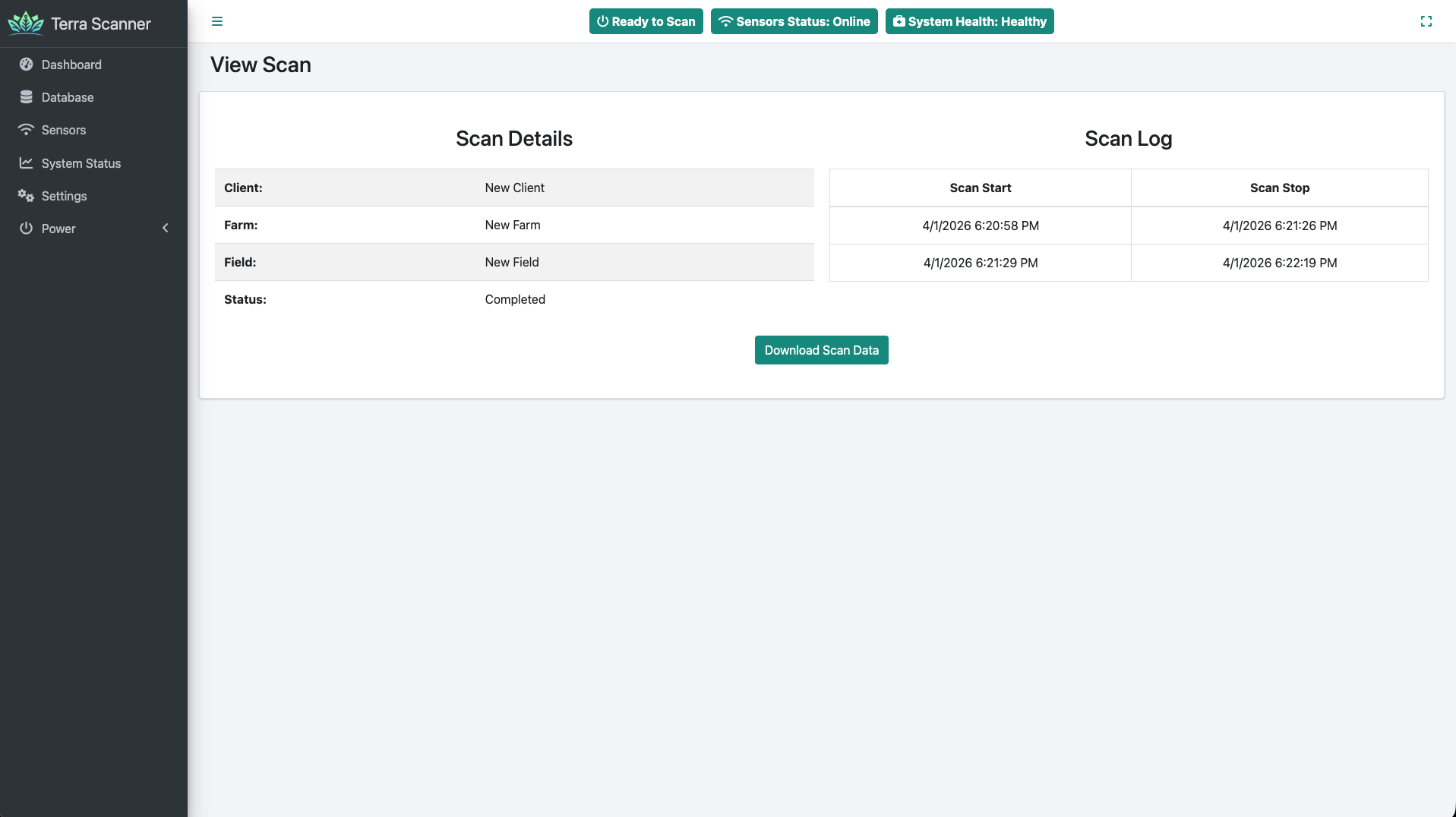View Scan page with scan details and Download Scan Data button