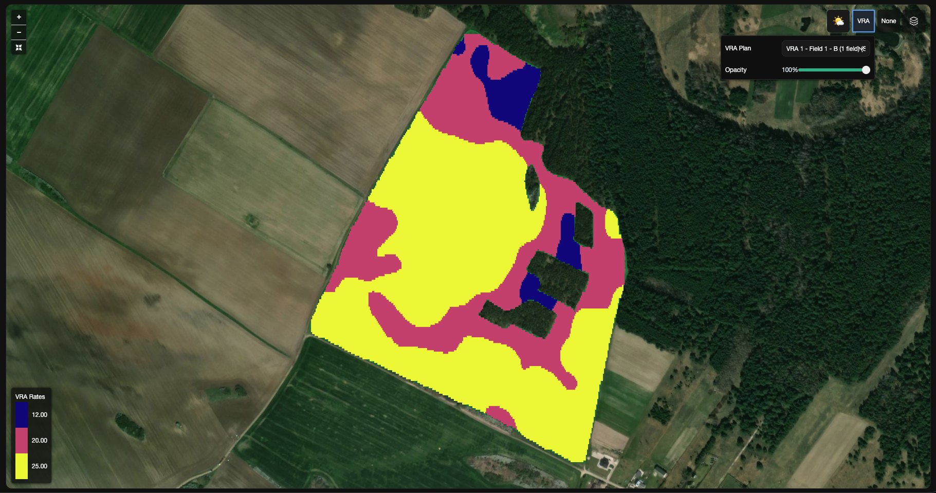 Field Intelligence VRA layer with plan selector, rates legend, and map overlay