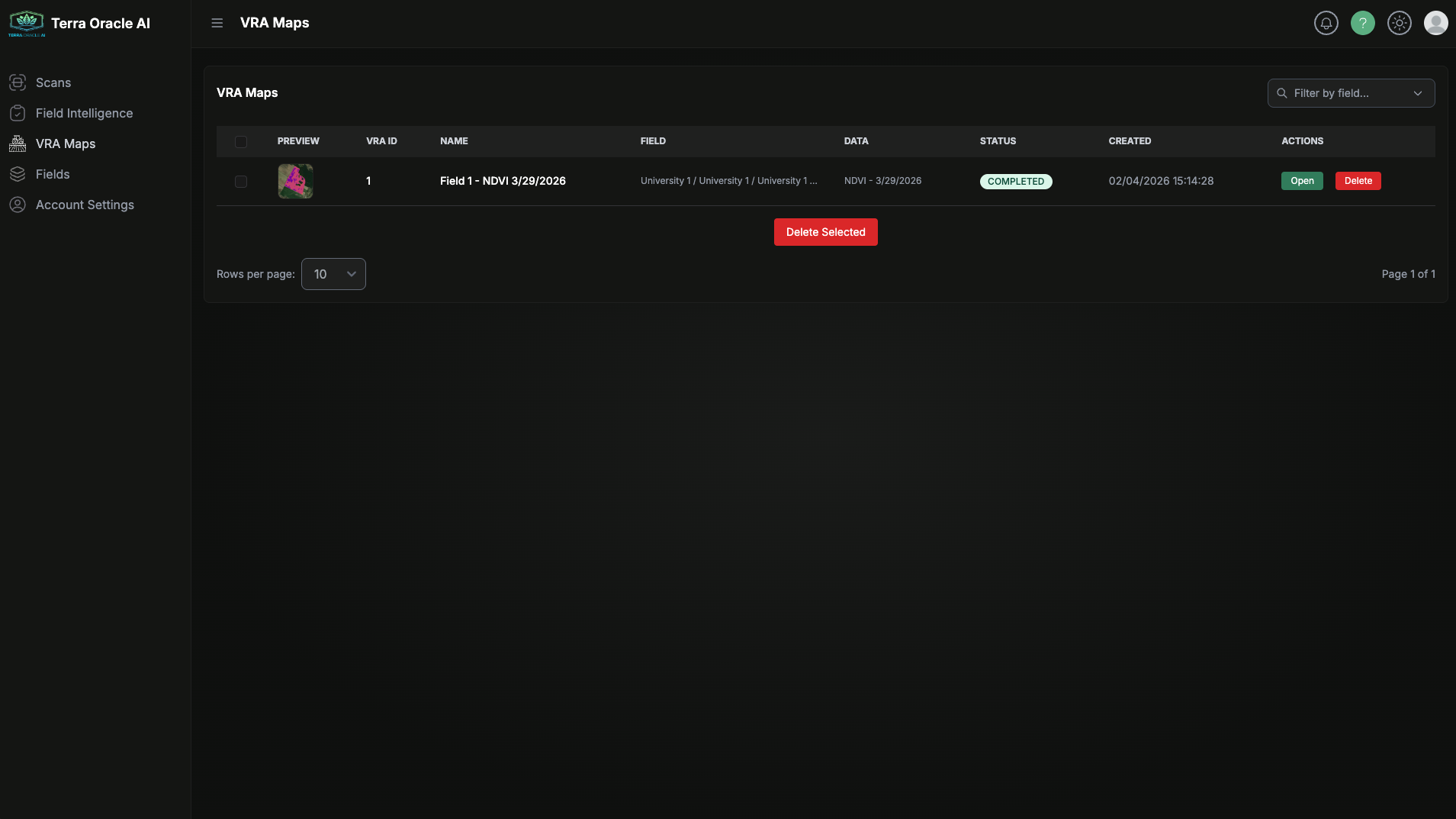 VRA Maps page with plans and map management