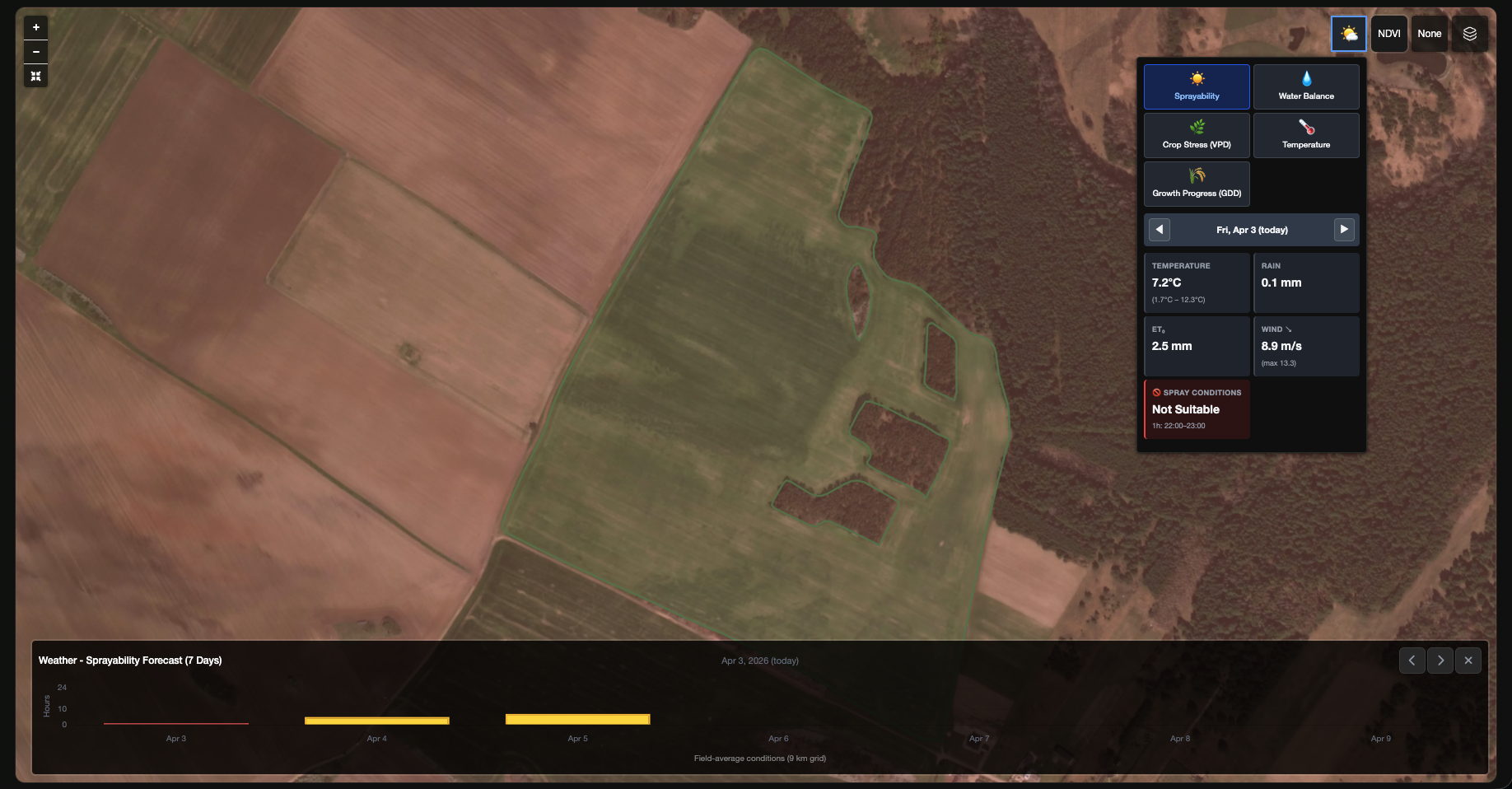 Field Intelligence weather layer with sprayability forecast and map controls